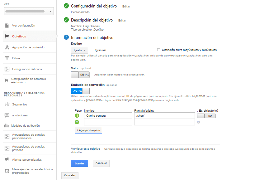 configurar objetivo analytics